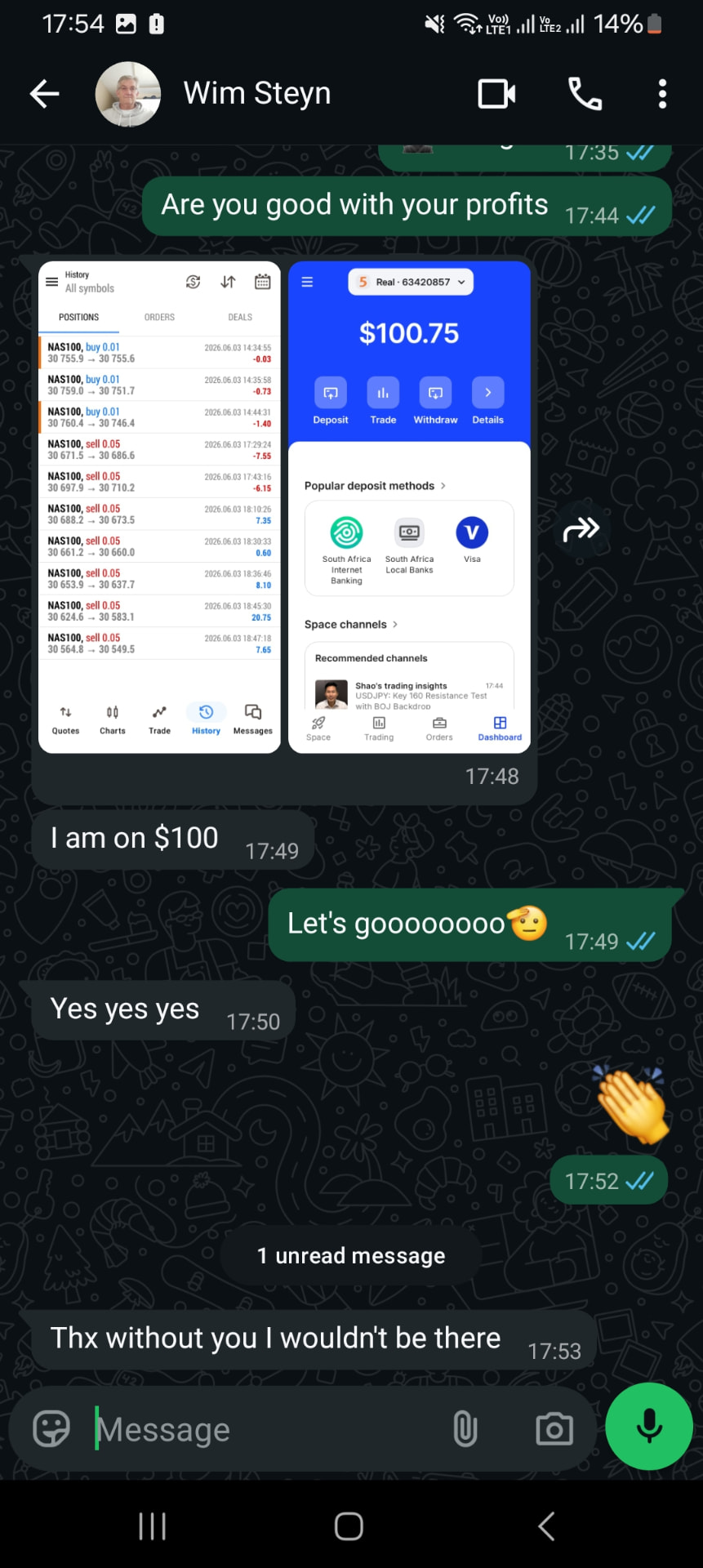 Member message: account grown to $100 after mentorship